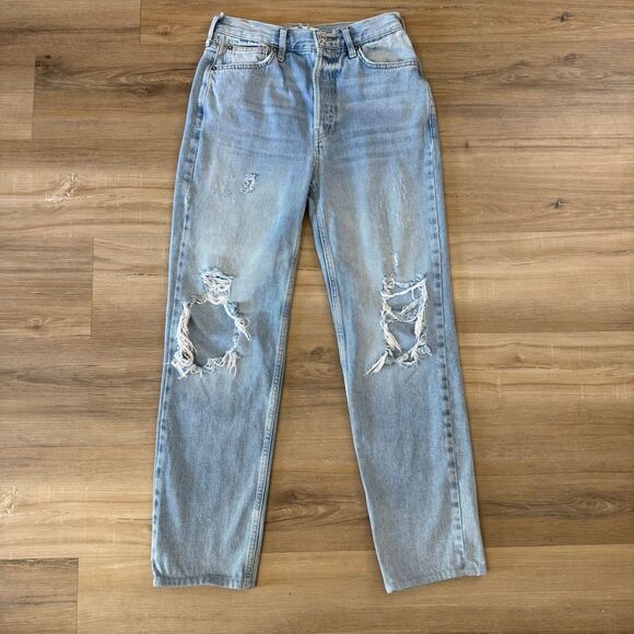 Free People Womens High Rise Button Fly Blue Distressed Jeans Size 26 Minimalist - Picture 1 of 16